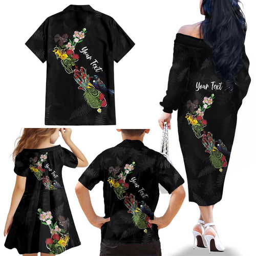 Kia Ora New Zealand Floral Personalized Family Matching Off The Shoulder Long Sleeve Dress and Hawaiian Shirt Black - Aussie Hoodie