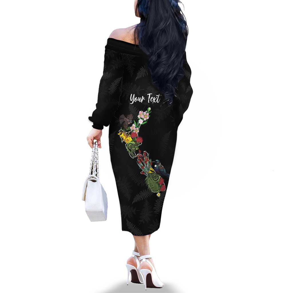 Kia Ora New Zealand Floral Personalized Family Matching Off The Shoulder Long Sleeve Dress and Hawaiian Shirt Black - Aussie Hoodie
