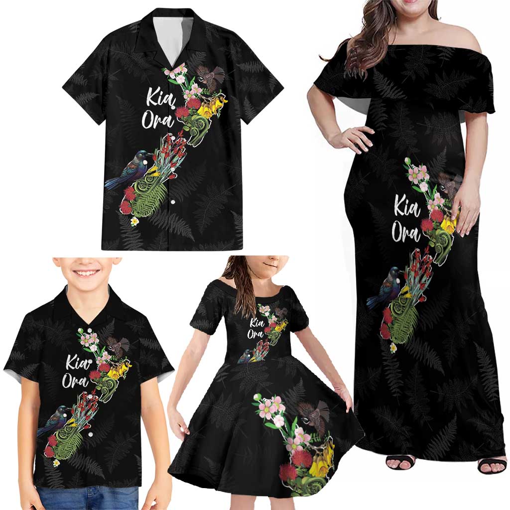 Kia Ora New Zealand Floral Personalized Family Matching Off Shoulder Maxi Dress and Hawaiian Shirt Black - Aussie Hoodie