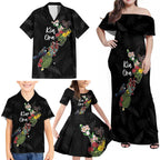 Kia Ora New Zealand Floral Personalized Family Matching Off Shoulder Maxi Dress and Hawaiian Shirt Black - Aussie Hoodie