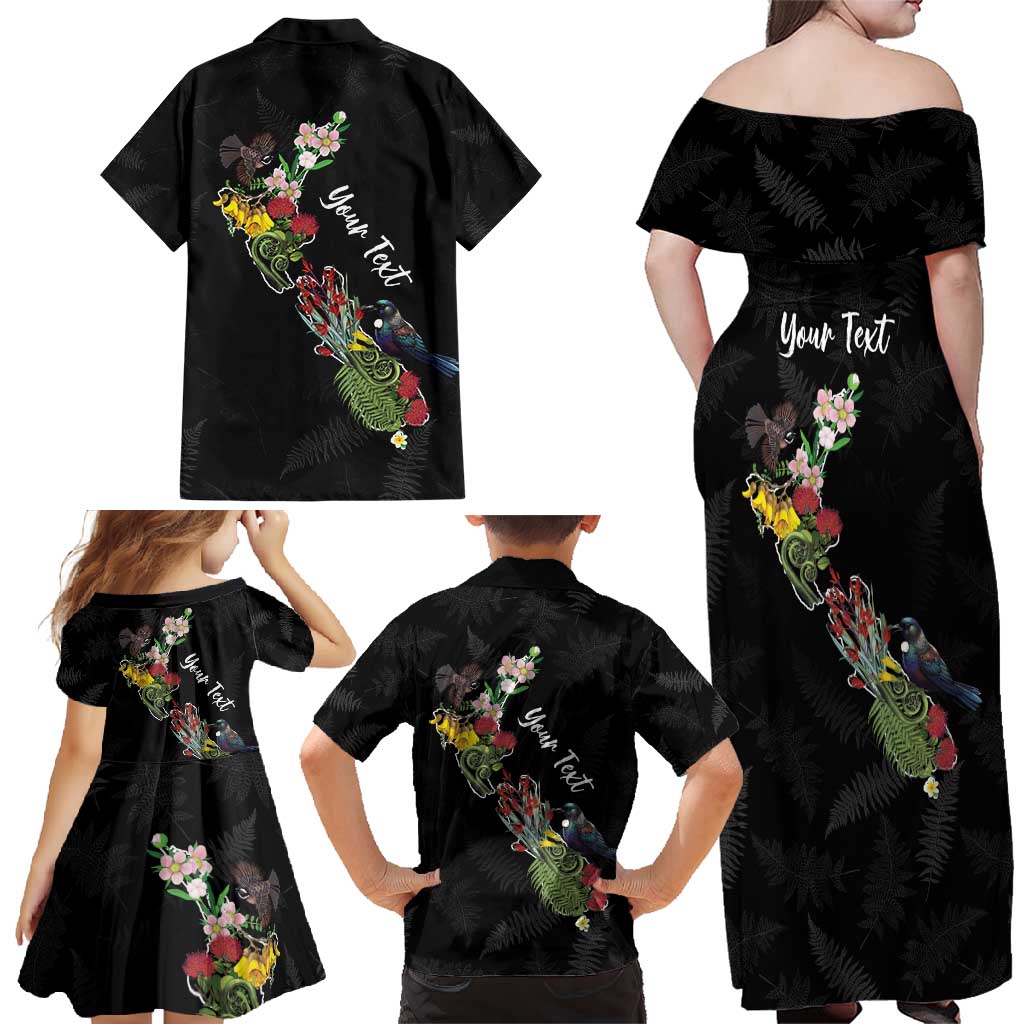 Kia Ora New Zealand Floral Personalized Family Matching Off Shoulder Maxi Dress and Hawaiian Shirt Black - Aussie Hoodie