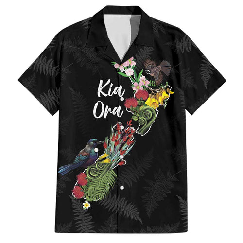 Kia Ora New Zealand Floral Personalized Family Matching Off Shoulder Maxi Dress and Hawaiian Shirt Black - Aussie Hoodie