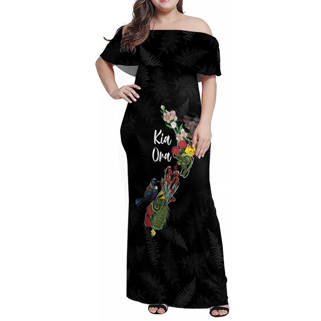 Kia Ora New Zealand Floral Personalized Family Matching Off Shoulder Maxi Dress and Hawaiian Shirt Black - Aussie Hoodie