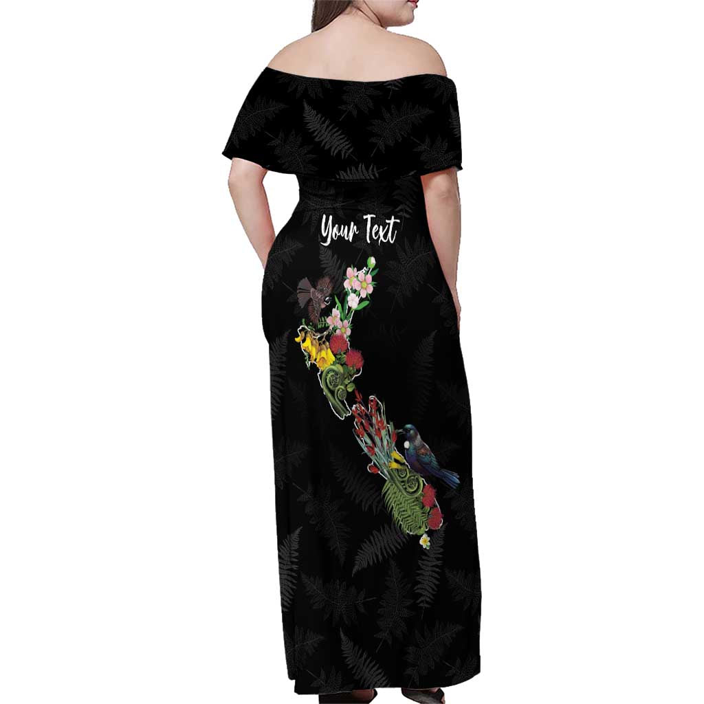 Kia Ora New Zealand Floral Personalized Family Matching Off Shoulder Maxi Dress and Hawaiian Shirt Black - Aussie Hoodie