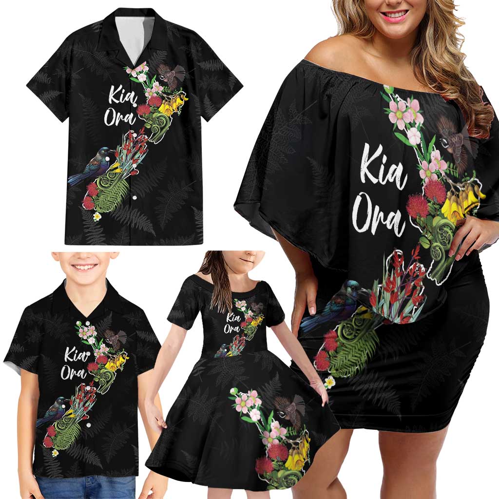 Kia Ora New Zealand Floral Personalized Family Matching Off Shoulder Short Dress and Hawaiian Shirt Black - Aussie Hoodie