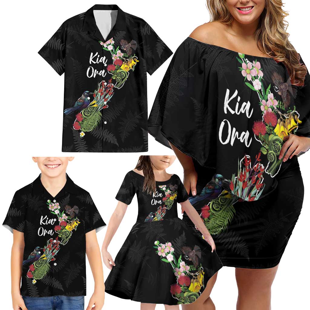 Kia Ora New Zealand Floral Personalized Family Matching Off Shoulder Short Dress and Hawaiian Shirt Black - Aussie Hoodie