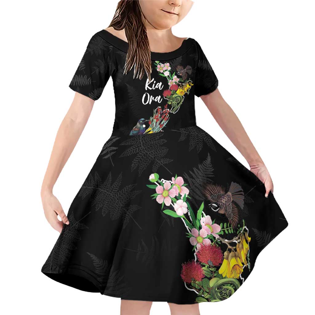 Kia Ora New Zealand Floral Personalized Family Matching Off Shoulder Short Dress and Hawaiian Shirt Black - Aussie Hoodie