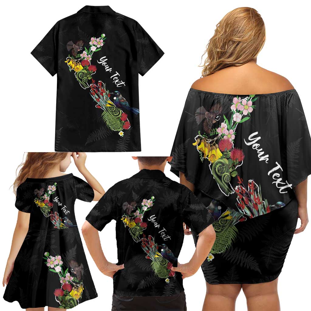 Kia Ora New Zealand Floral Personalized Family Matching Off Shoulder Short Dress and Hawaiian Shirt Black - Aussie Hoodie