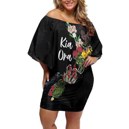 Kia Ora New Zealand Floral Personalized Family Matching Off Shoulder Short Dress and Hawaiian Shirt Black - Aussie Hoodie