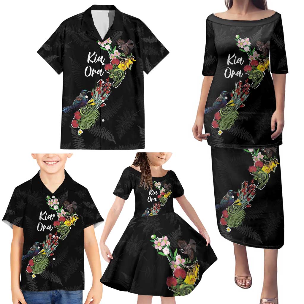Kia Ora New Zealand Floral Personalized Family Matching Puletasi and Hawaiian Shirt Black - Aussie Hoodie
