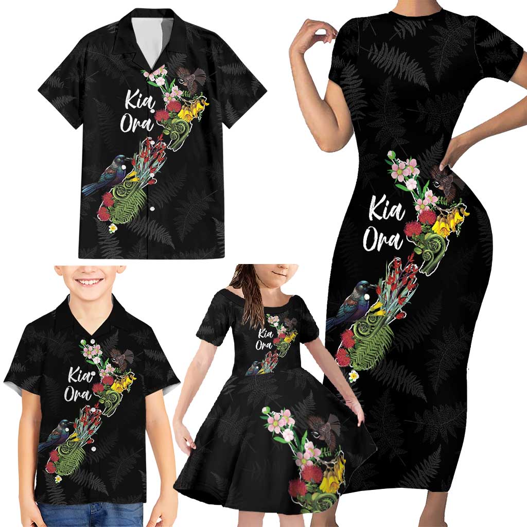 Kia Ora New Zealand Floral Personalized Family Matching Short Sleeve Bodycon Dress and Hawaiian Shirt Black - Aussie Hoodie