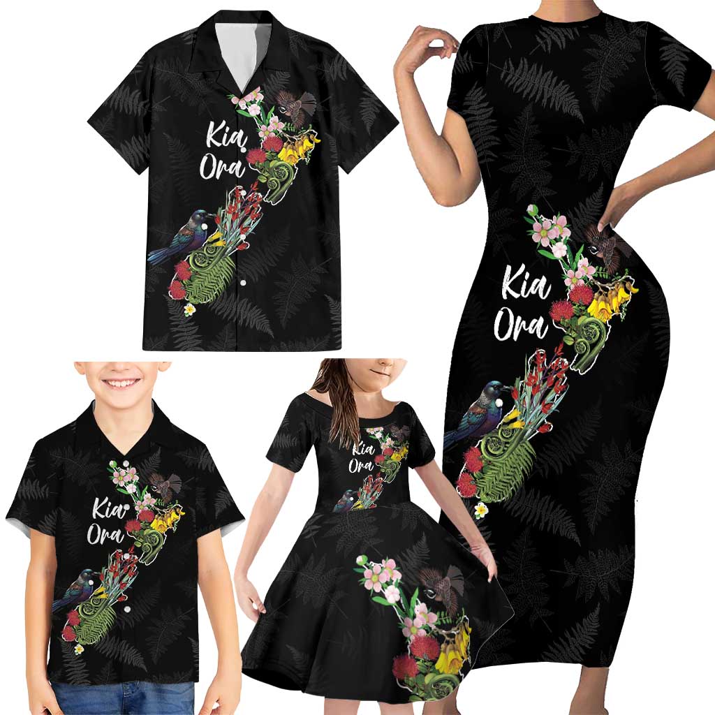 Kia Ora New Zealand Floral Personalized Family Matching Short Sleeve Bodycon Dress and Hawaiian Shirt Black - Aussie Hoodie
