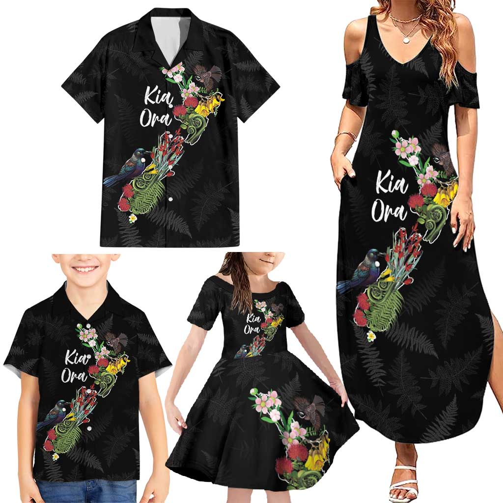 Kia Ora New Zealand Floral Personalized Family Matching Summer Maxi Dress and Hawaiian Shirt Black - Aussie Hoodie