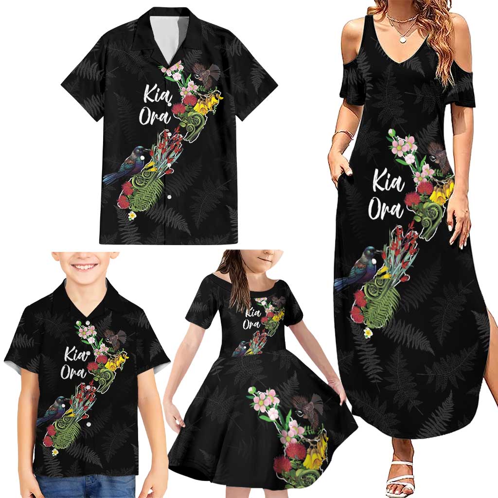 Kia Ora New Zealand Floral Personalized Family Matching Summer Maxi Dress and Hawaiian Shirt Black - Aussie Hoodie
