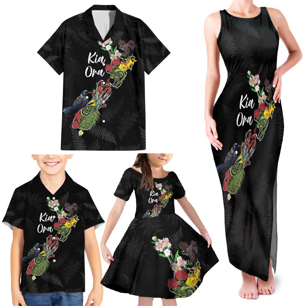 Kia Ora New Zealand Floral Personalized Family Matching Tank Maxi Dress and Hawaiian Shirt Black - Aussie Hoodie