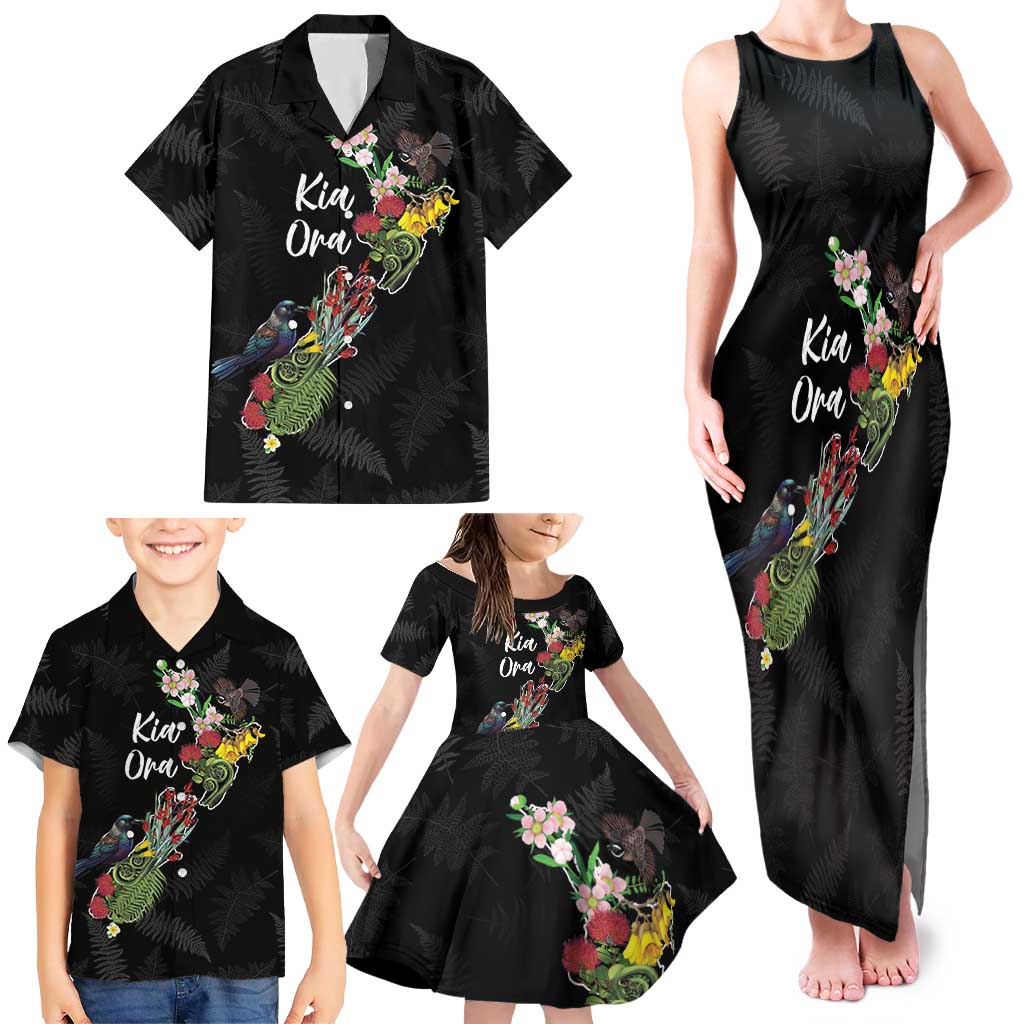 Kia Ora New Zealand Floral Personalized Family Matching Tank Maxi Dress and Hawaiian Shirt Black - Aussie Hoodie