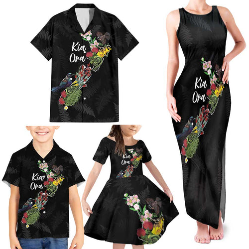 Kia Ora New Zealand Floral Personalized Family Matching Tank Maxi Dress and Hawaiian Shirt Black - Aussie Hoodie