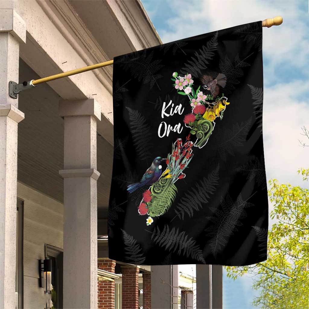 Kia Ora New Zealand Floral Garden Flag Black - Aussie Hoodie