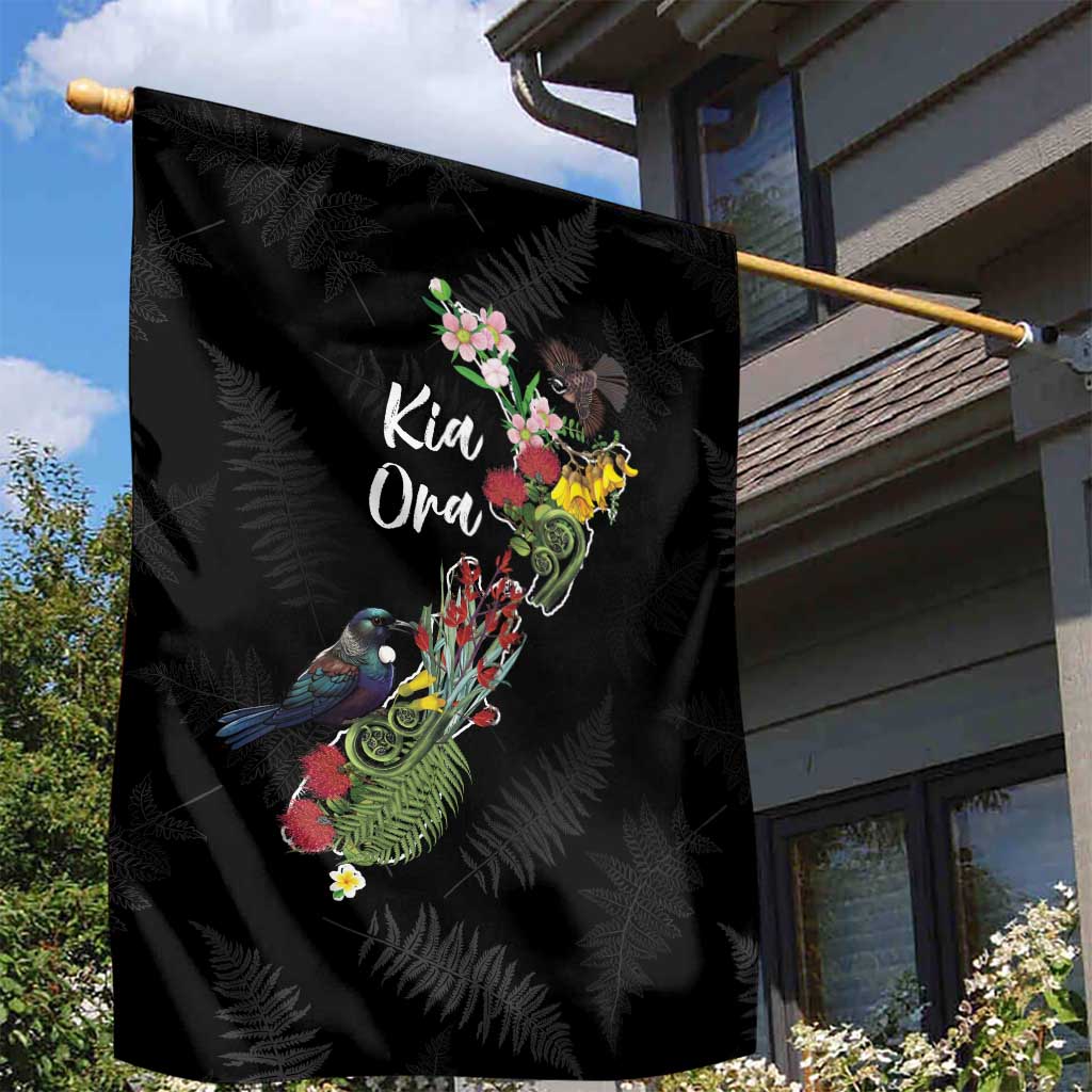 Kia Ora New Zealand Floral Garden Flag Black - Aussie Hoodie