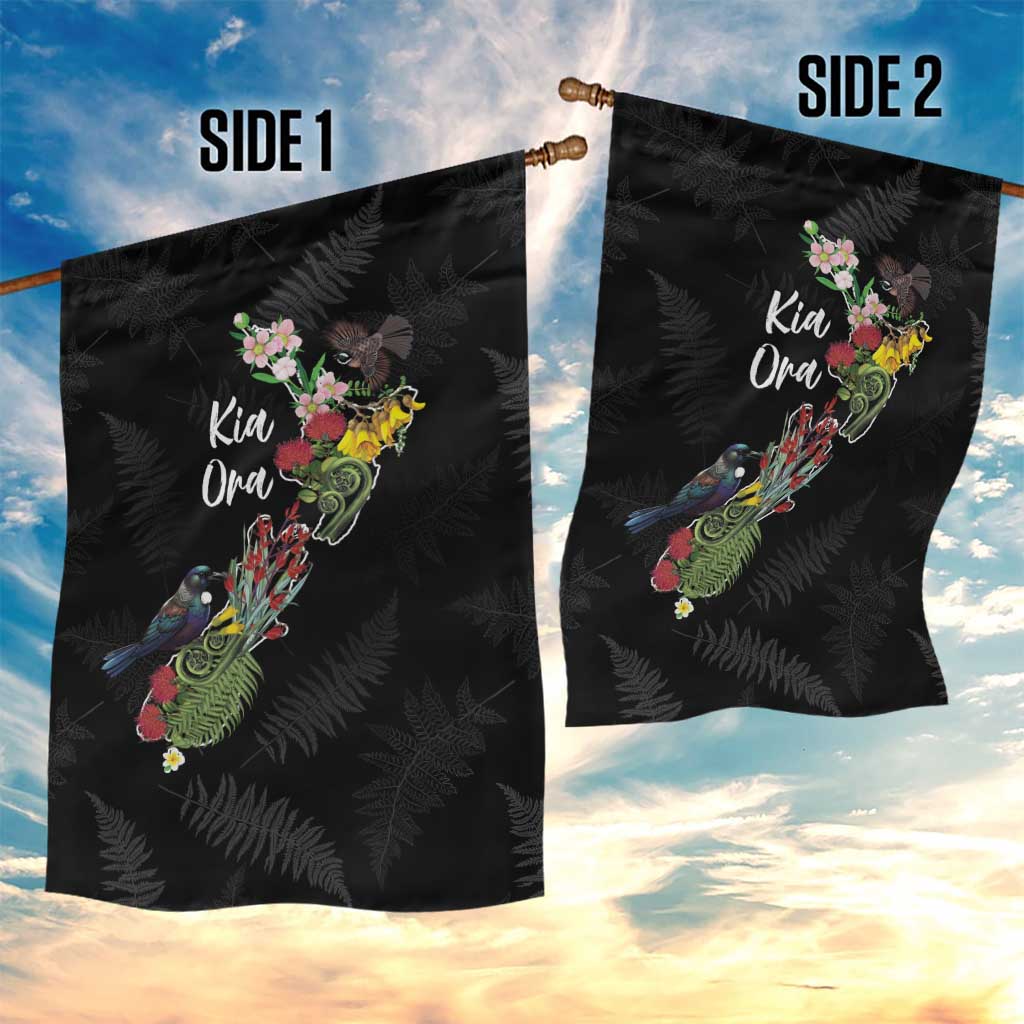 Kia Ora New Zealand Floral Garden Flag Black - Aussie Hoodie