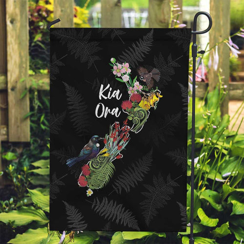 Kia Ora New Zealand Floral Garden Flag Black - Aussie Hoodie