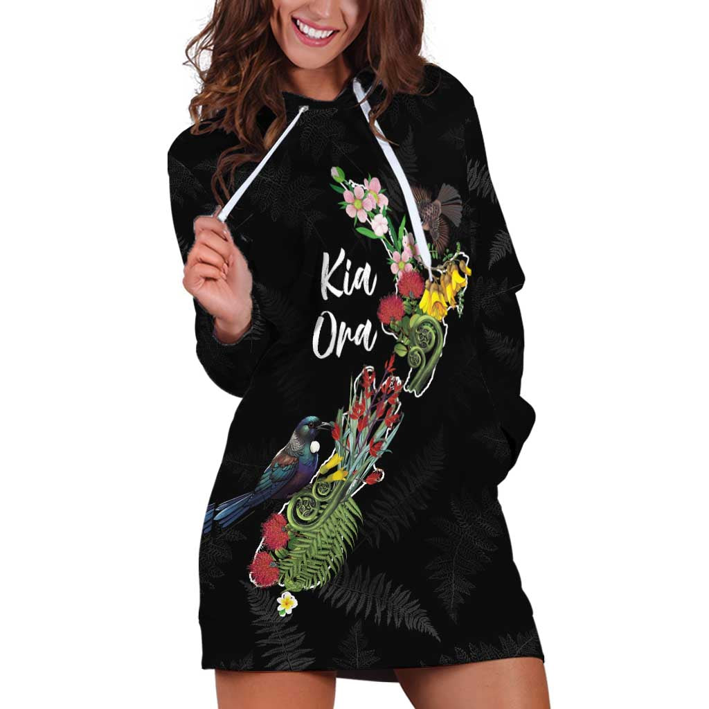 Kia Ora New Zealand Floral Personalized Hoodie Dress Black - Aussie Hoodie