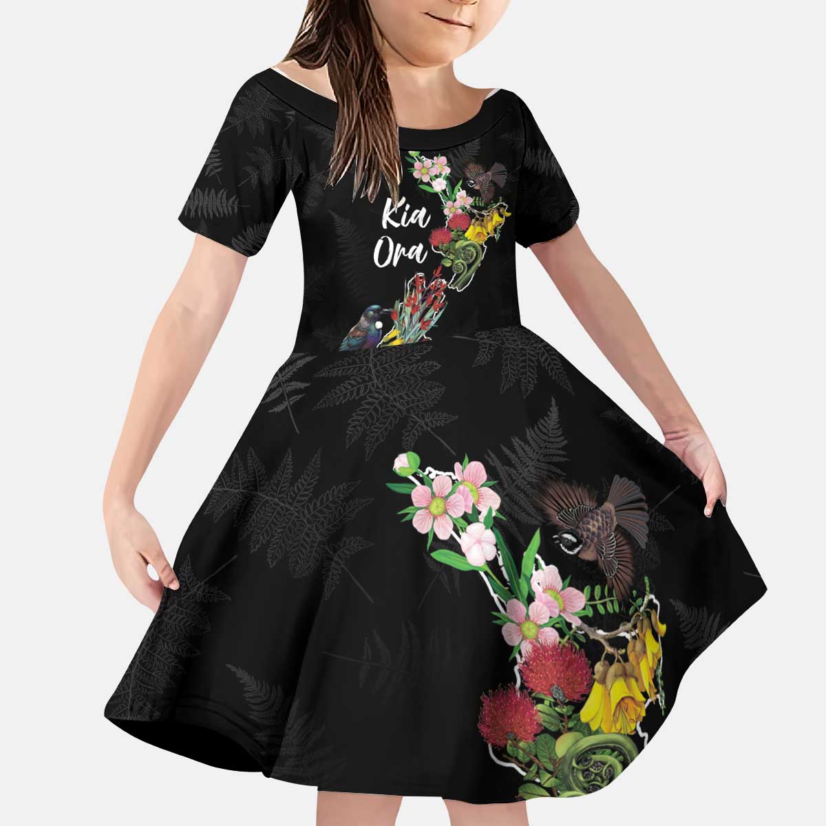 Kia Ora New Zealand Floral Personalized Kid Short Sleeve Dress Black - Aussie Hoodie