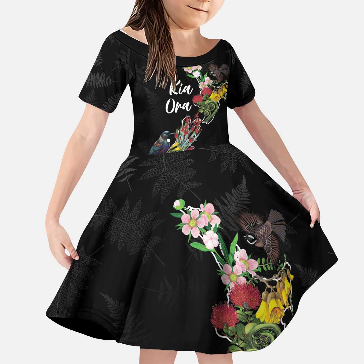 Kia Ora New Zealand Floral Personalized Kid Short Sleeve Dress Black - Aussie Hoodie