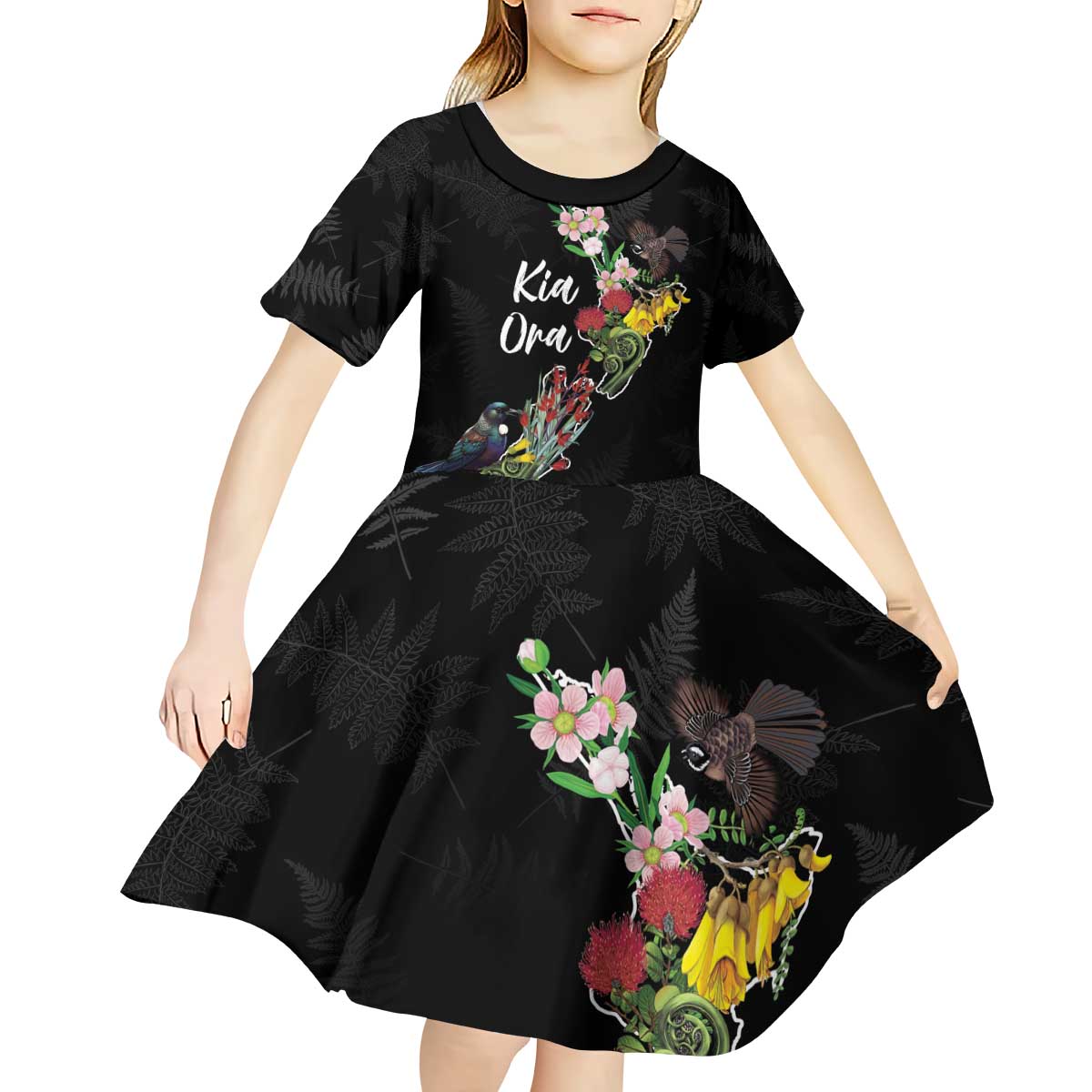 Kia Ora New Zealand Floral Personalized Kid Short Sleeve Dress Black - Aussie Hoodie