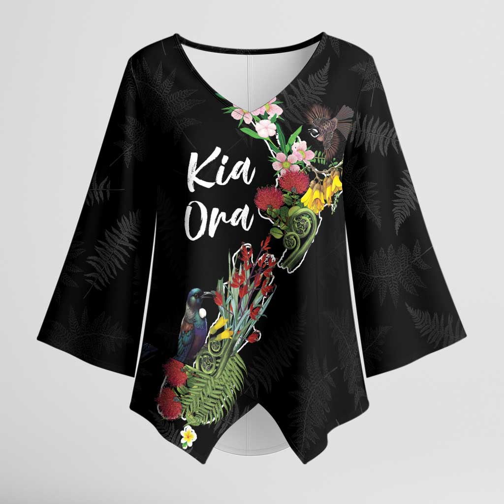 Kia Ora New Zealand Floral Personalized Kimono Sleeve Blouse Black - Aussie Hoodie