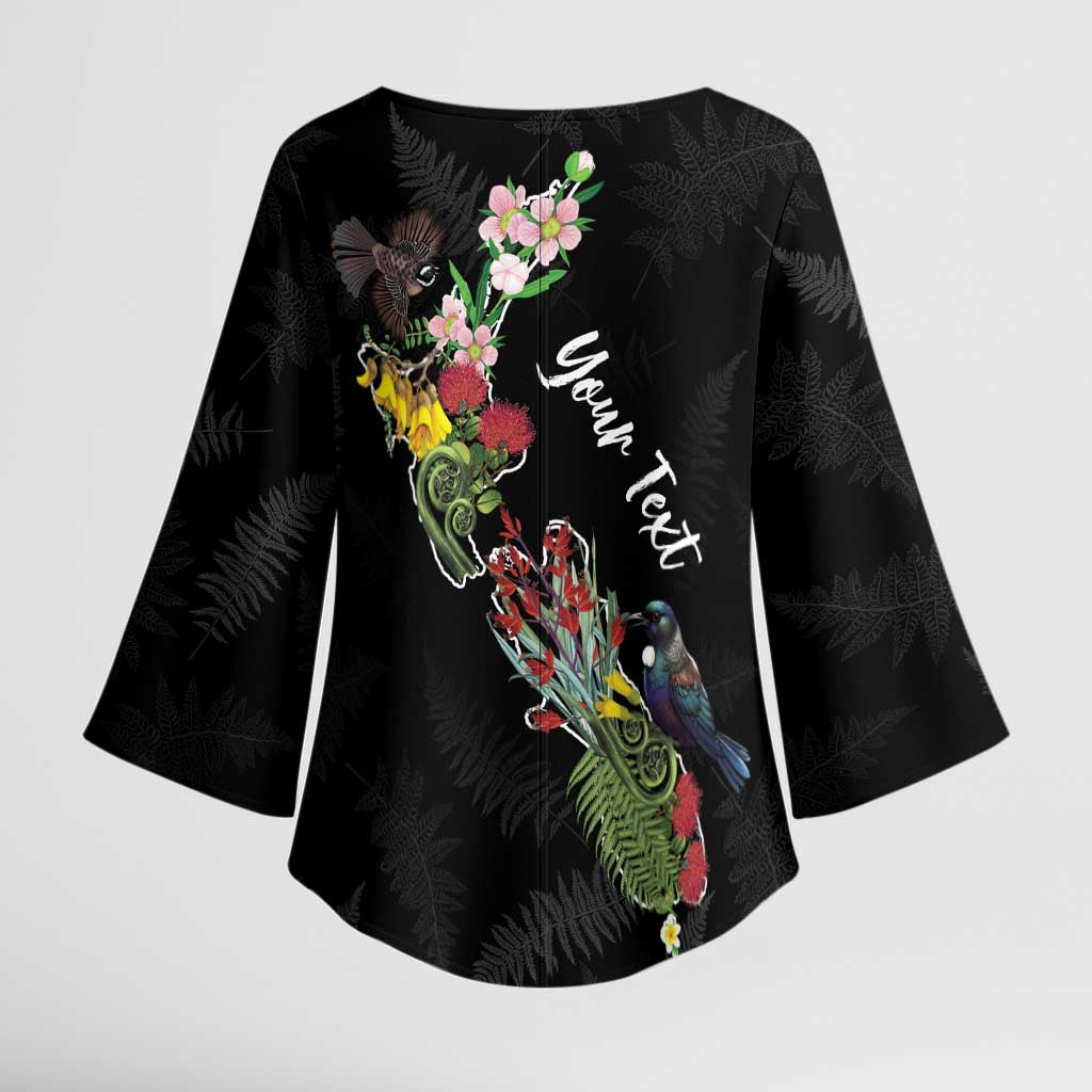 Kia Ora New Zealand Floral Personalized Kimono Sleeve Blouse Black - Aussie Hoodie