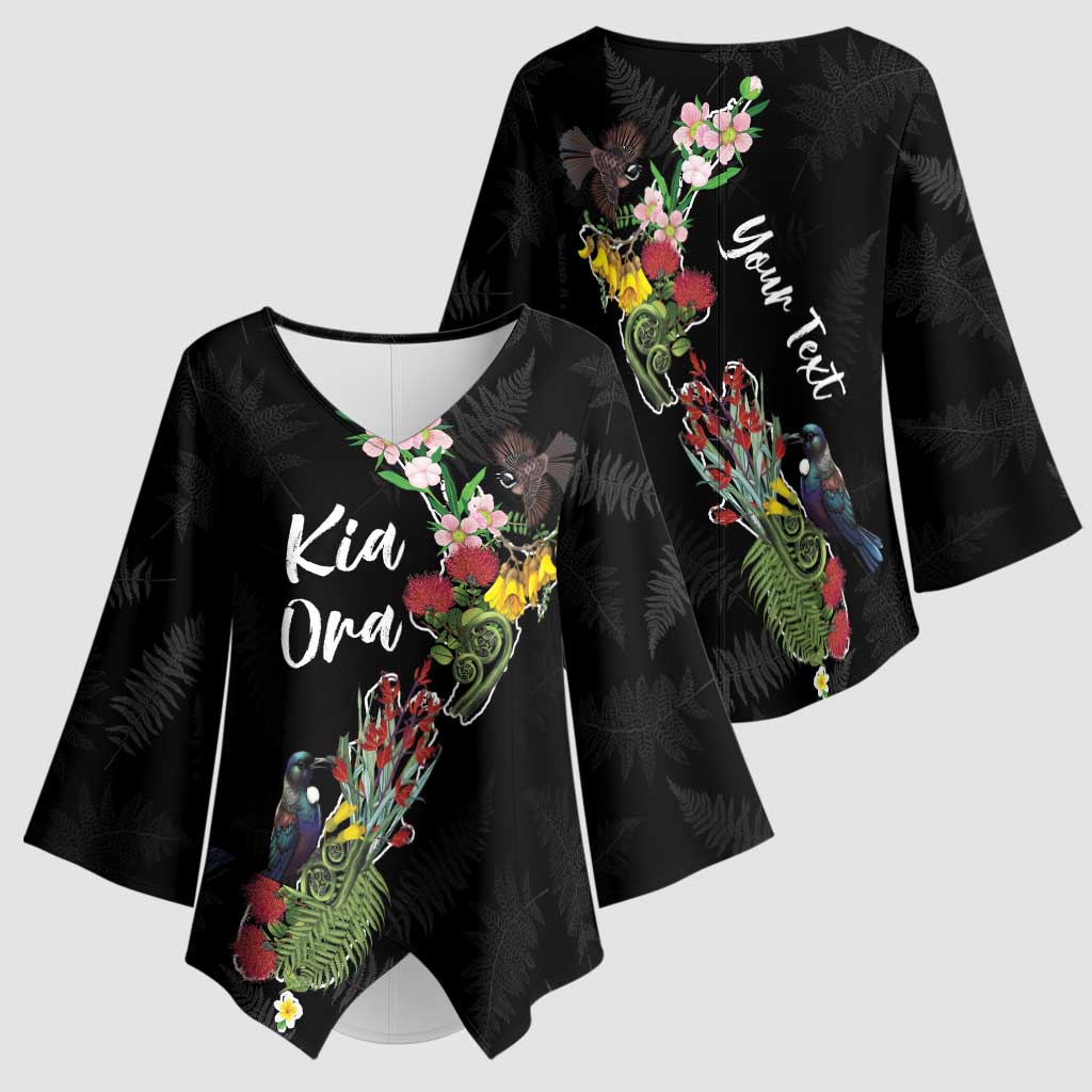 Kia Ora New Zealand Floral Personalized Kimono Sleeve Blouse Black - Aussie Hoodie