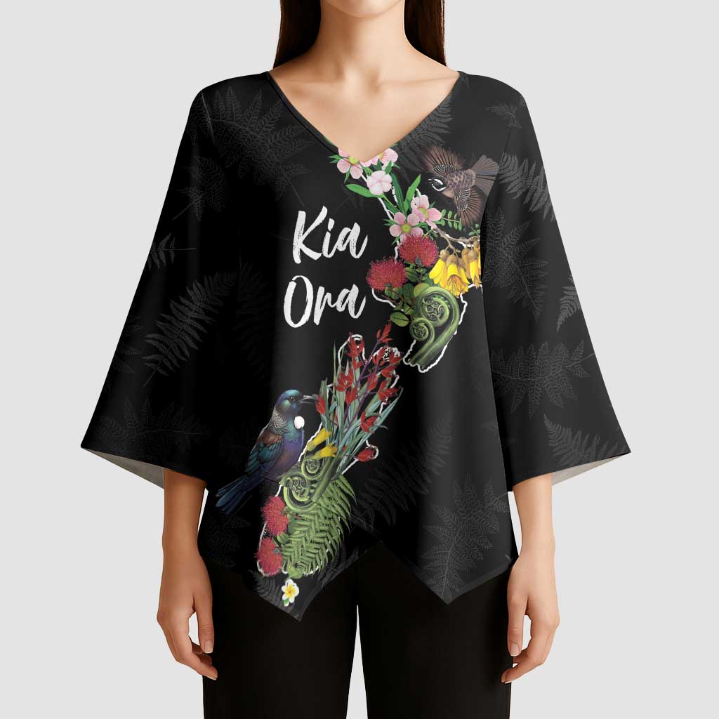 Kia Ora New Zealand Floral Personalized Kimono Sleeve Blouse Black - Aussie Hoodie