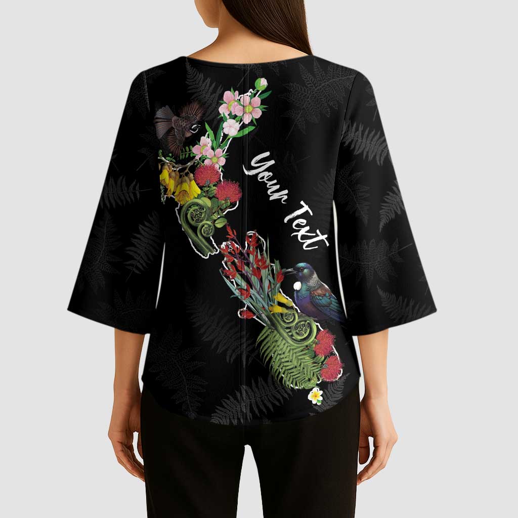 Kia Ora New Zealand Floral Personalized Kimono Sleeve Blouse Black - Aussie Hoodie