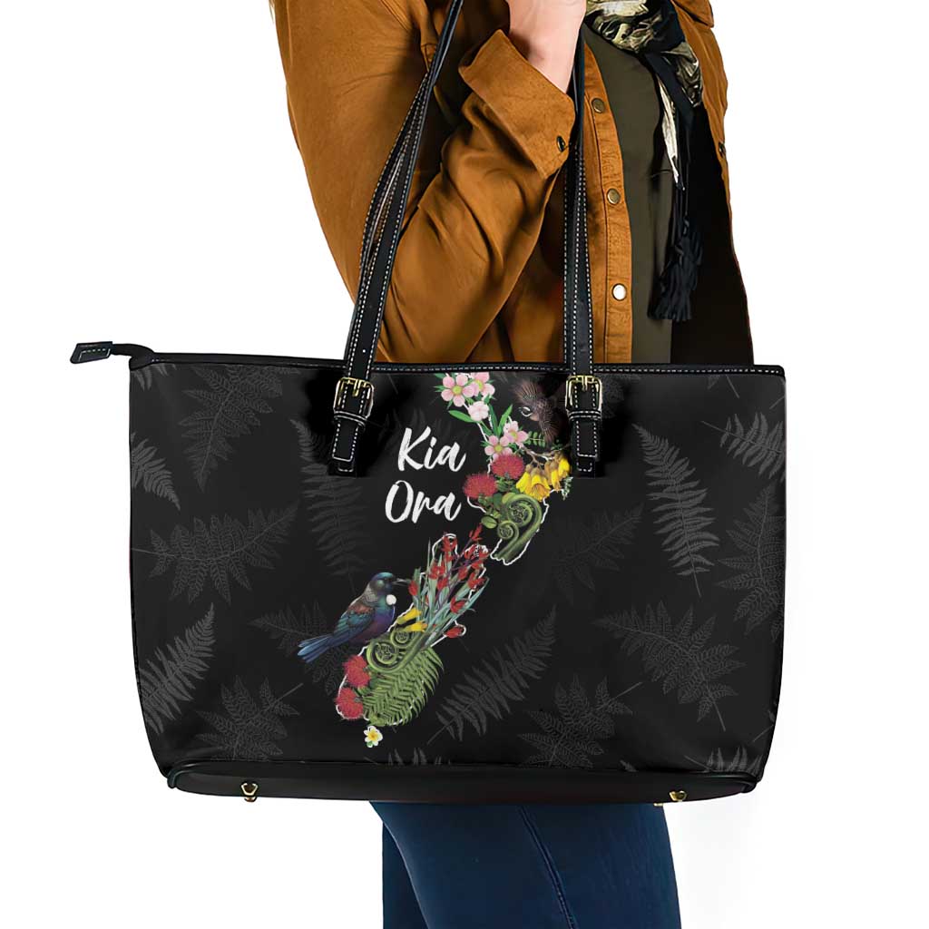 Kia Ora New Zealand Floral Leather Tote Bag Black - Aussie Hoodie