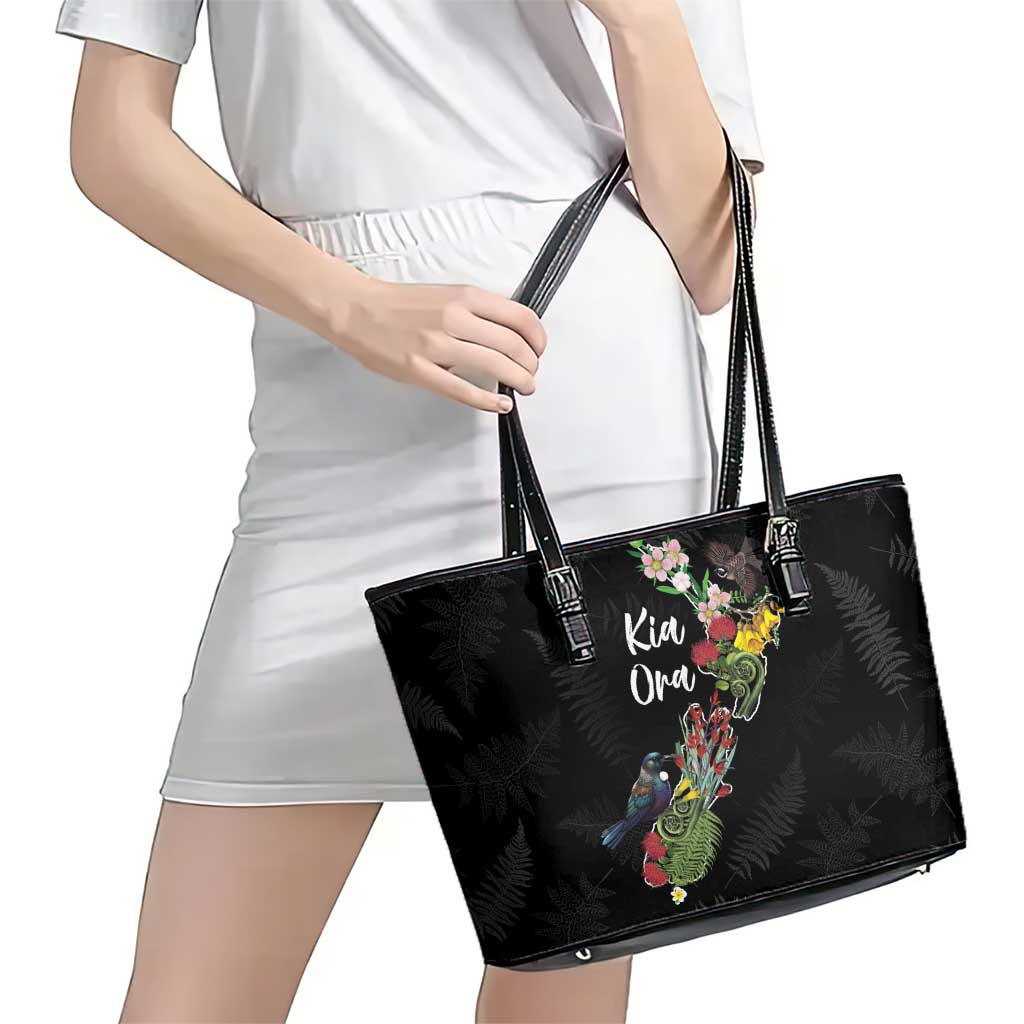 Kia Ora New Zealand Floral Leather Tote Bag Black - Aussie Hoodie