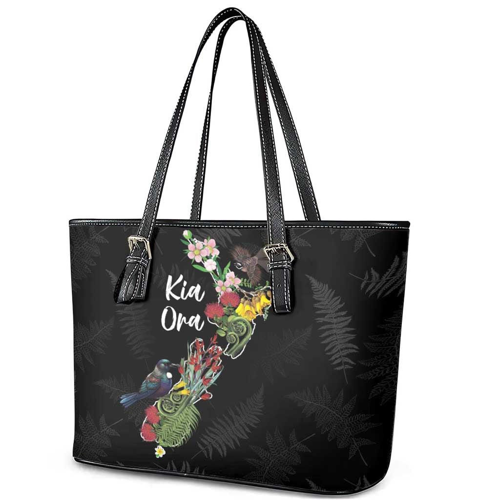 Kia Ora New Zealand Floral Leather Tote Bag Black - Aussie Hoodie