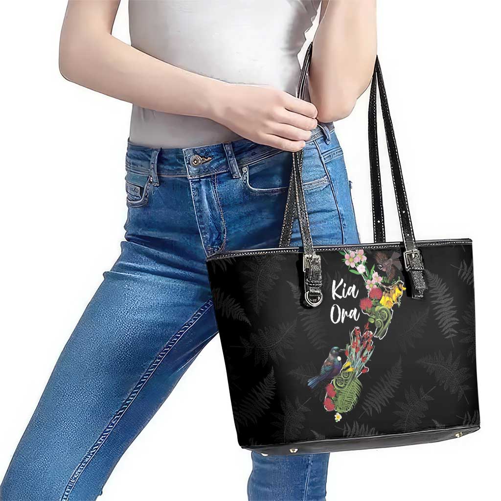 Kia Ora New Zealand Floral Leather Tote Bag Black - Aussie Hoodie