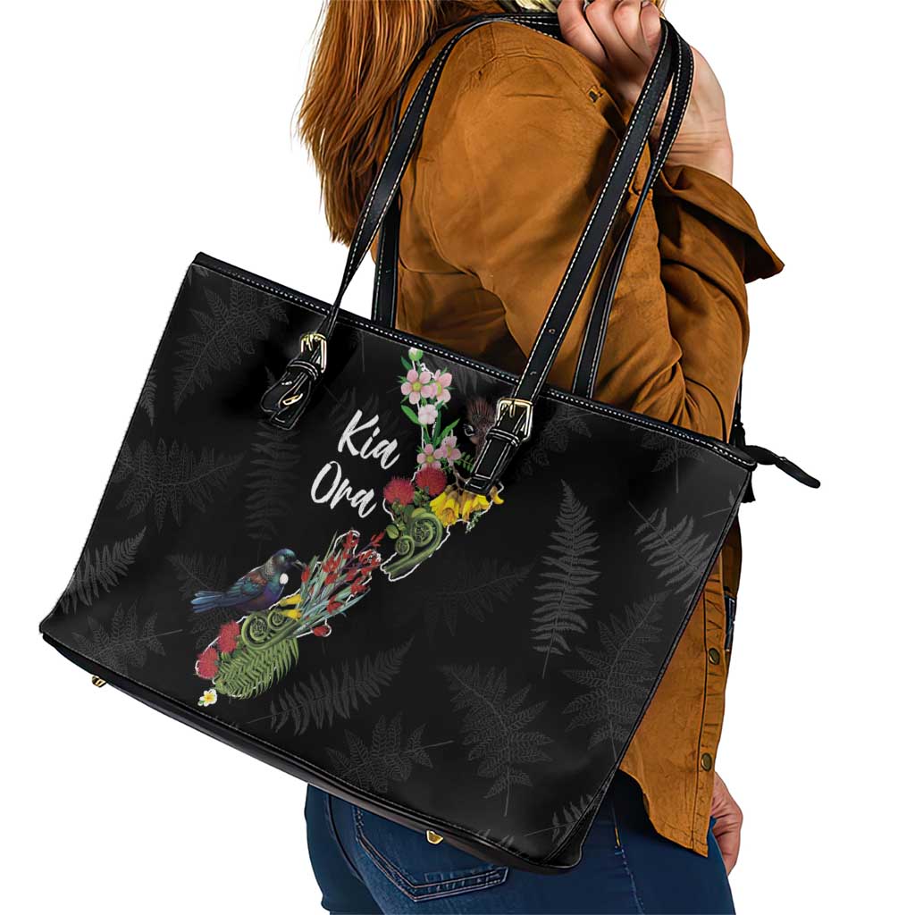 Kia Ora New Zealand Floral Leather Tote Bag Black - Aussie Hoodie