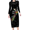 Kia Ora New Zealand Floral Personalized Long Sleeve Bodycon Dress Black - Aussie Hoodie