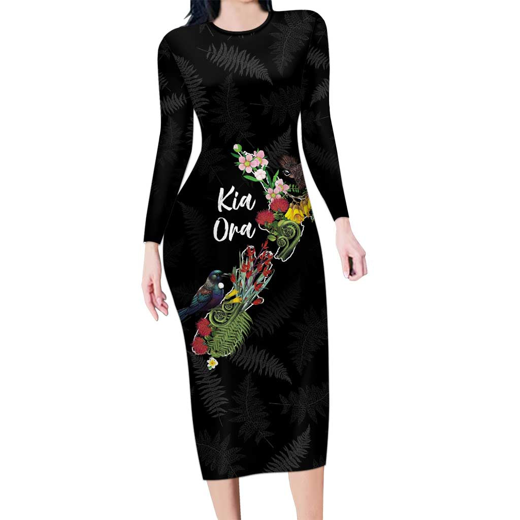 Kia Ora New Zealand Floral Personalized Long Sleeve Bodycon Dress Black - Aussie Hoodie