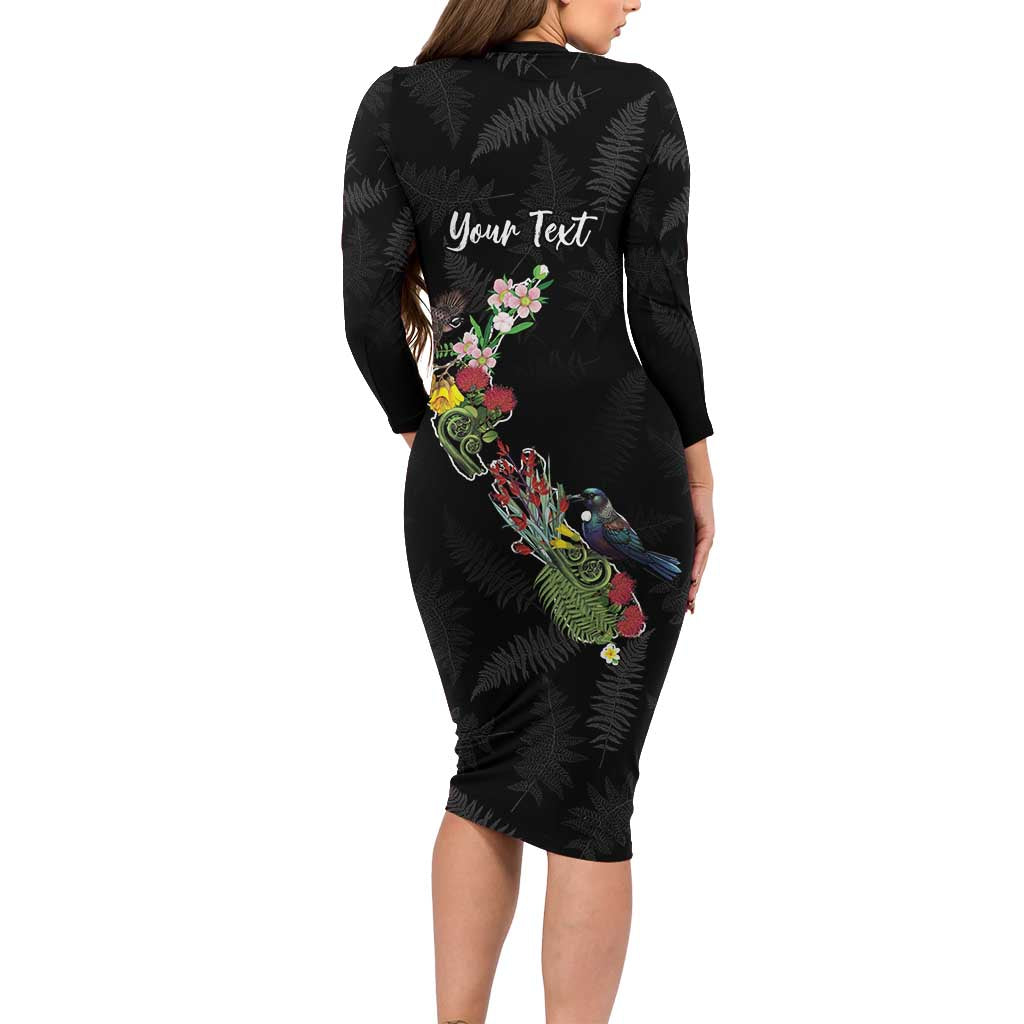 Kia Ora New Zealand Floral Personalized Long Sleeve Bodycon Dress Black - Aussie Hoodie