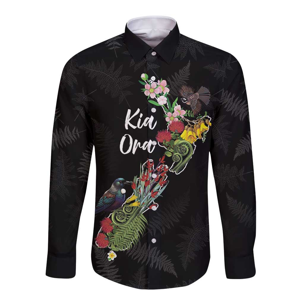 Kia Ora New Zealand Floral Personalized Long Sleeve Button Shirt Black - Aussie Hoodie