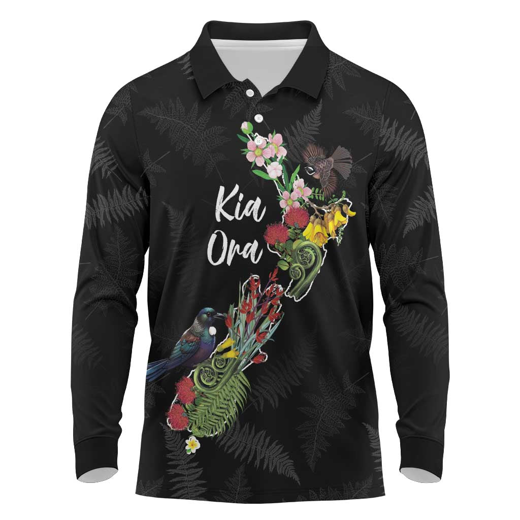 Kia Ora New Zealand Floral Personalized Long Sleeve Polo Shirt Black - Aussie Hoodie