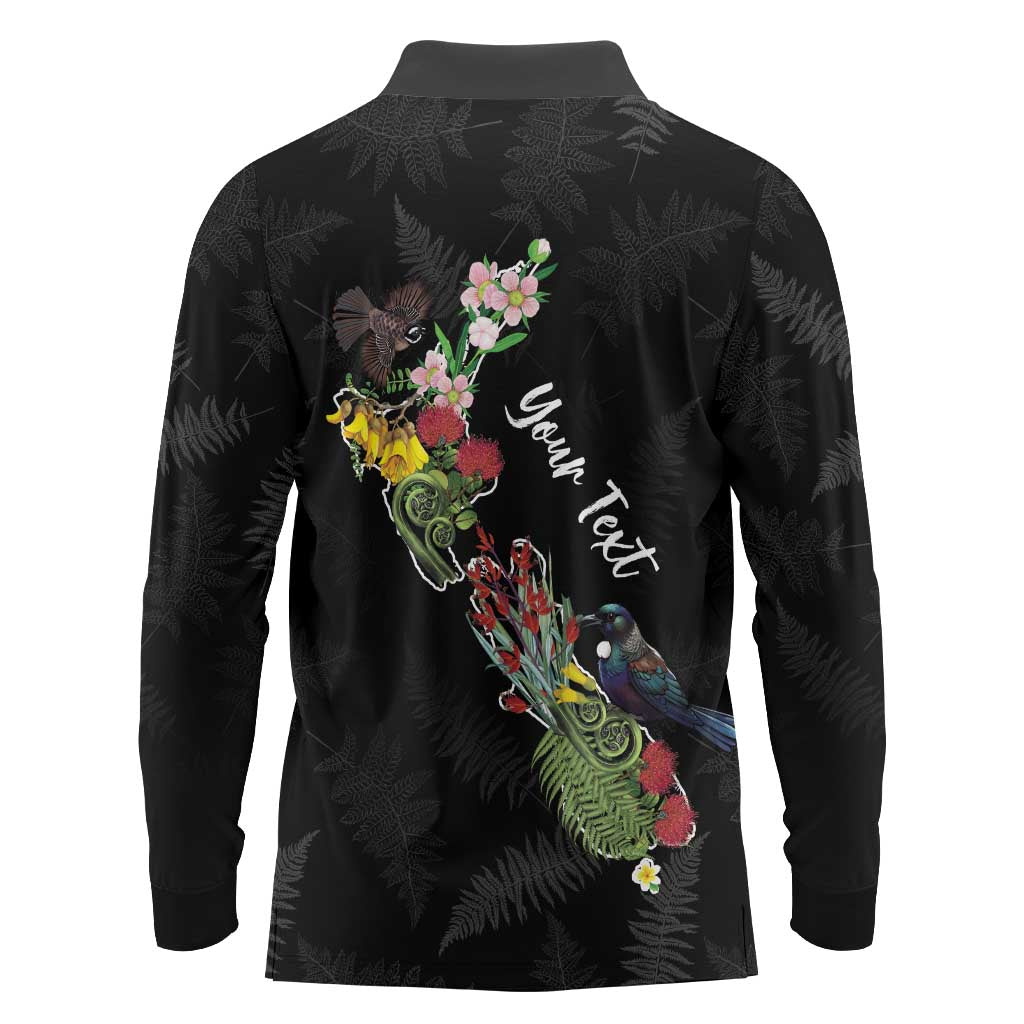 Kia Ora New Zealand Floral Personalized Long Sleeve Polo Shirt Black - Aussie Hoodie