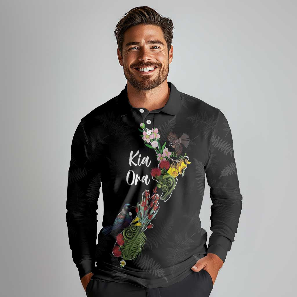Kia Ora New Zealand Floral Personalized Long Sleeve Polo Shirt Black - Aussie Hoodie