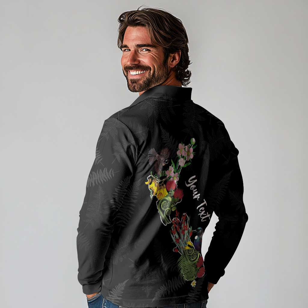 Kia Ora New Zealand Floral Personalized Long Sleeve Polo Shirt Black - Aussie Hoodie