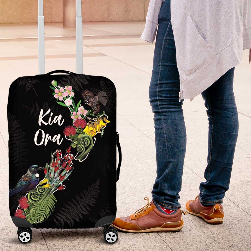 Kia Ora New Zealand Floral Luggage Cover Black - Aussie Hoodie