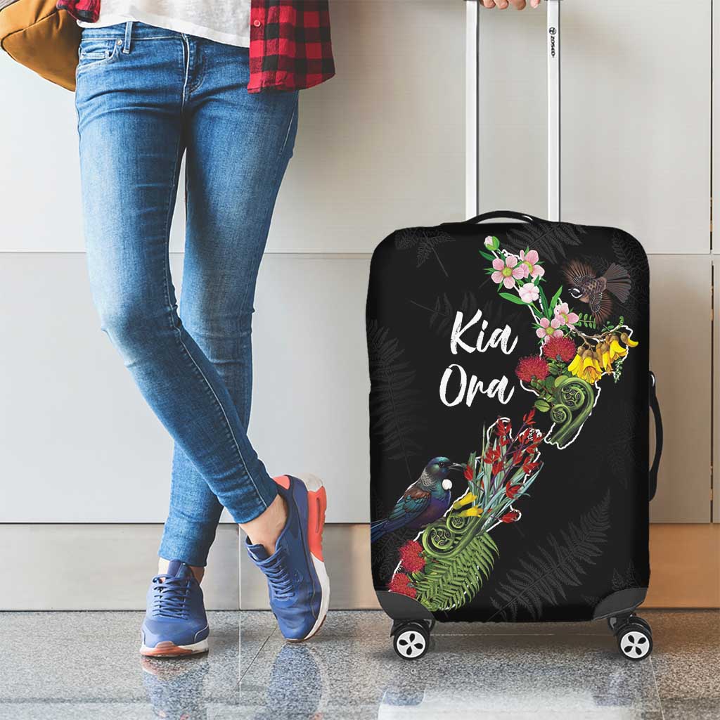 Kia Ora New Zealand Floral Luggage Cover Black - Aussie Hoodie