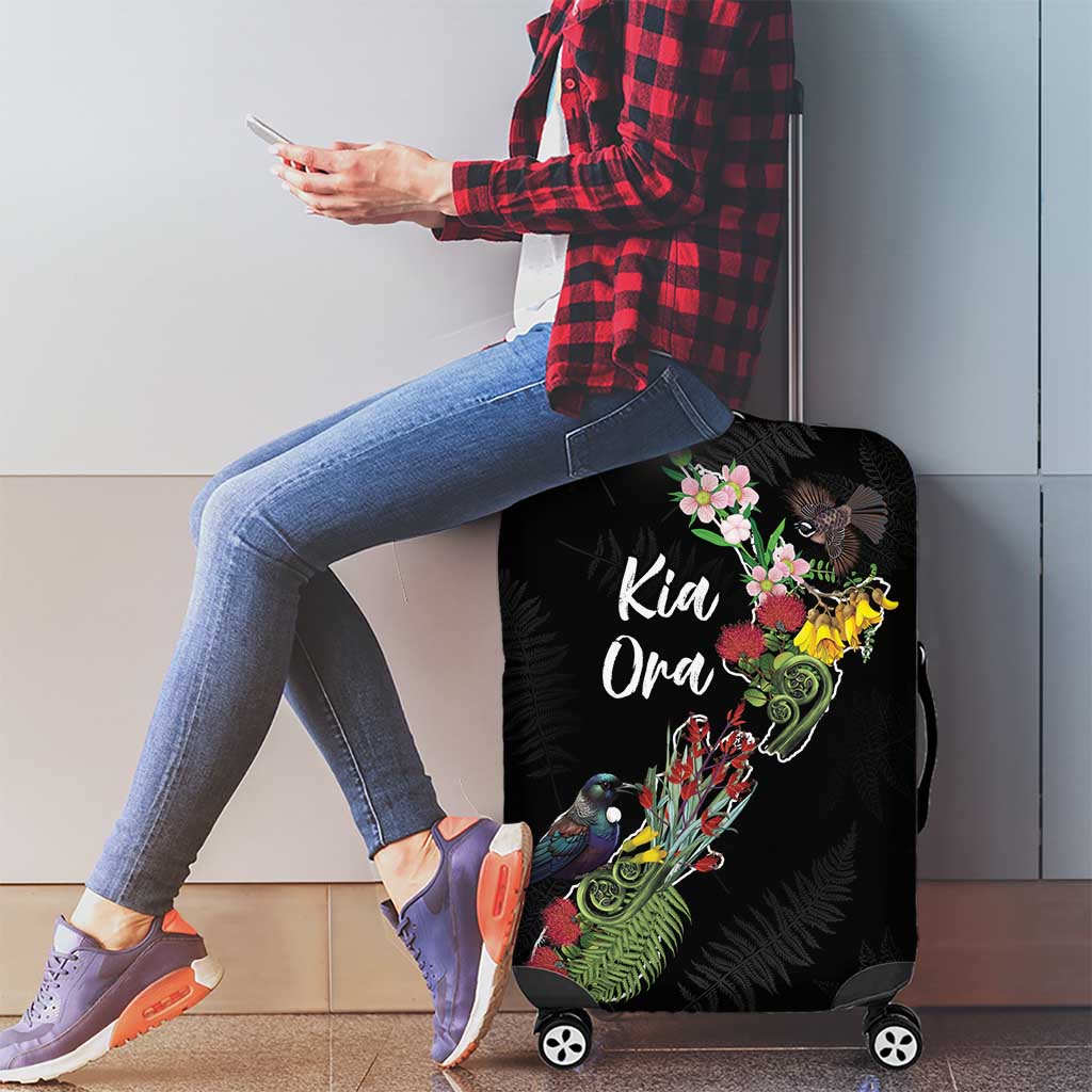 Kia Ora New Zealand Floral Luggage Cover Black - Aussie Hoodie
